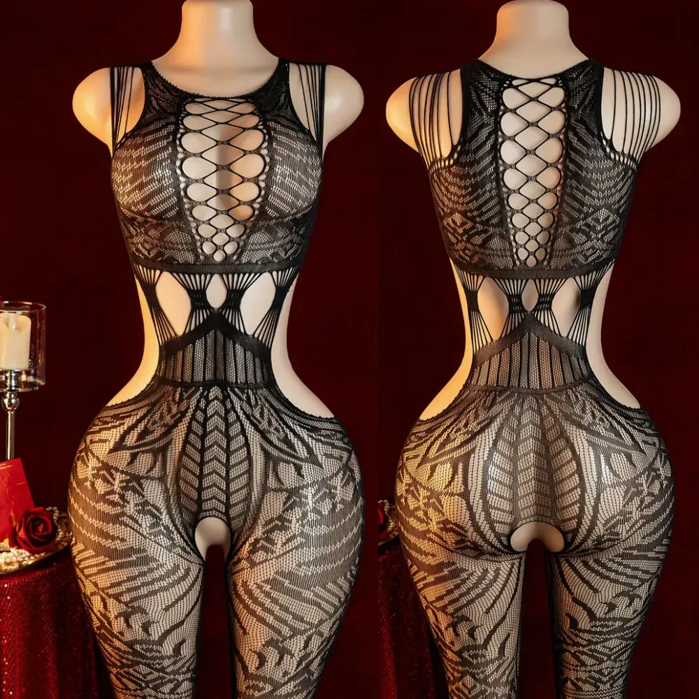 Sexy Lingеrie Set Fishnet Mesh Bodystocking Bodysuit Crotchless Women's Cross Breastless Jumpsuit High Waisted Stocking