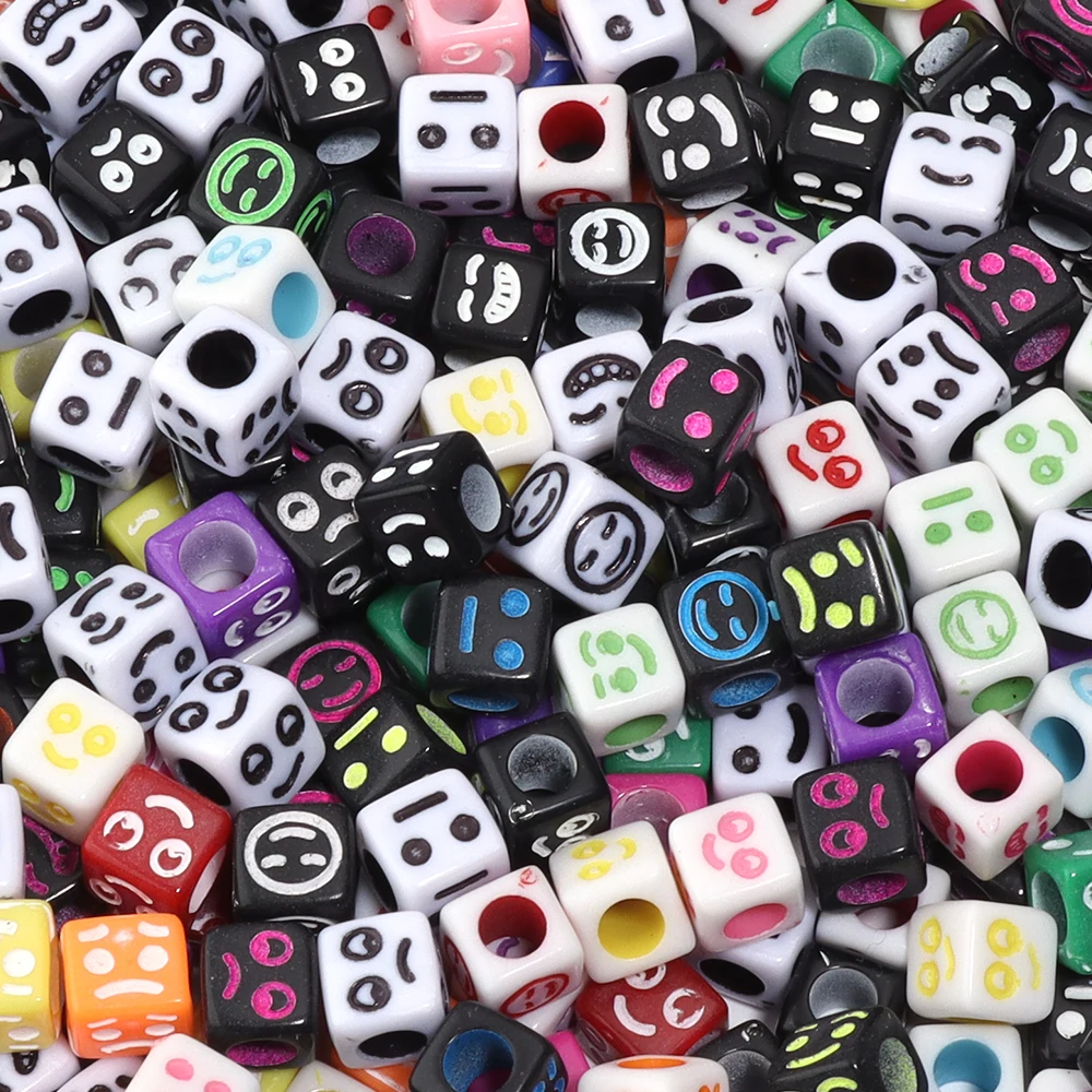 100 Stücke 6x6mm Regenbogen Acryl Würfel Lächeln Gesicht Perlen Großes Loch Lose Spacer Perlen Für DIY Schmuck Machen Armband Halskette Liefert