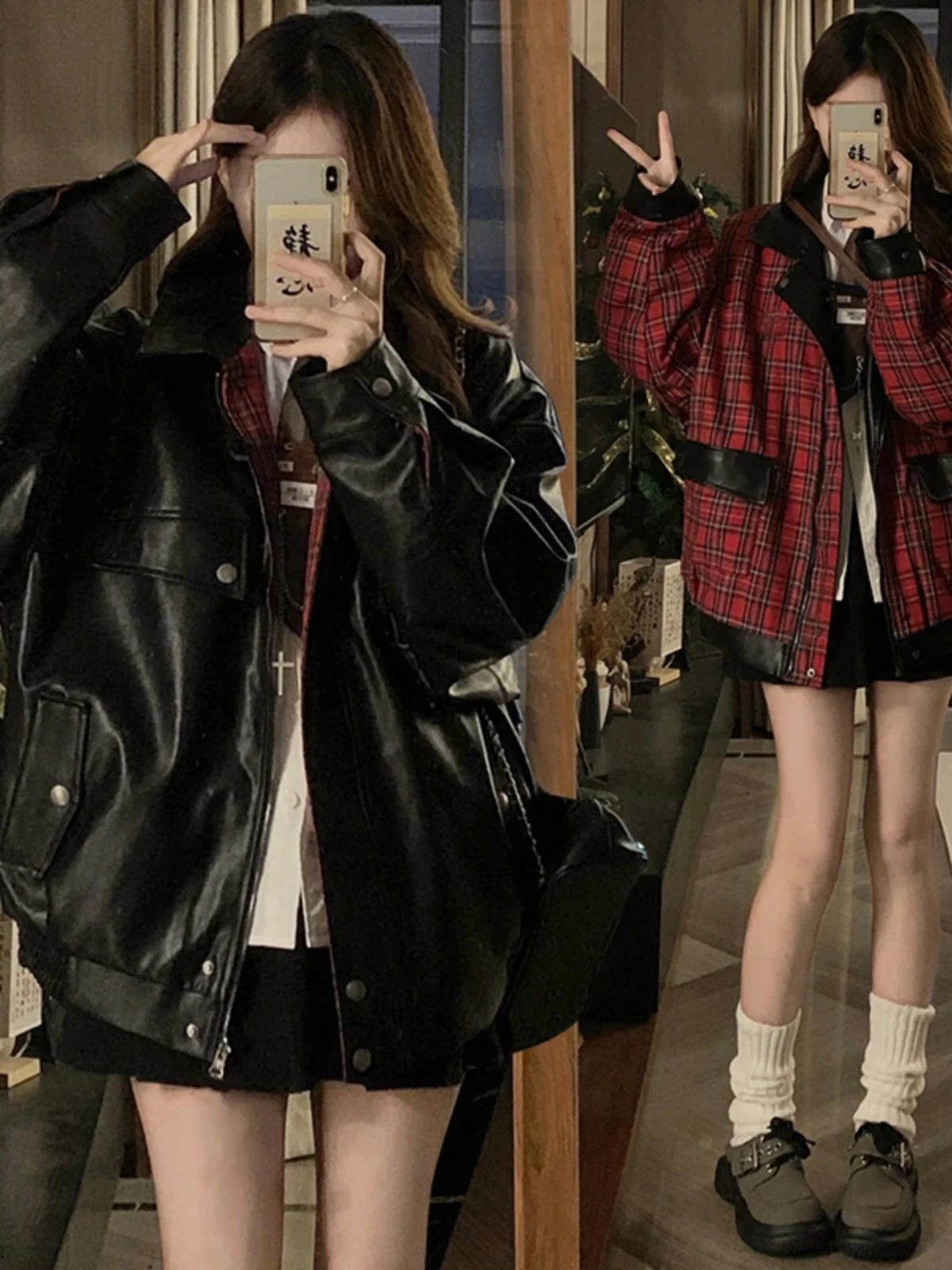 เสื้อแจ็คเก็ตหนัง PU ลายสก็อตแบบสองด้าน สไตล์หลวมสำหรับผู้หญิง ขี่มอเตอร์ไซค์ แฟชั่นใหม่ ฤดูใบไม้ผลิ ฤดูใบไม้ร่วง แบรนด์แฟชั่น สำหรับคู่รัก เสื้อคลุม