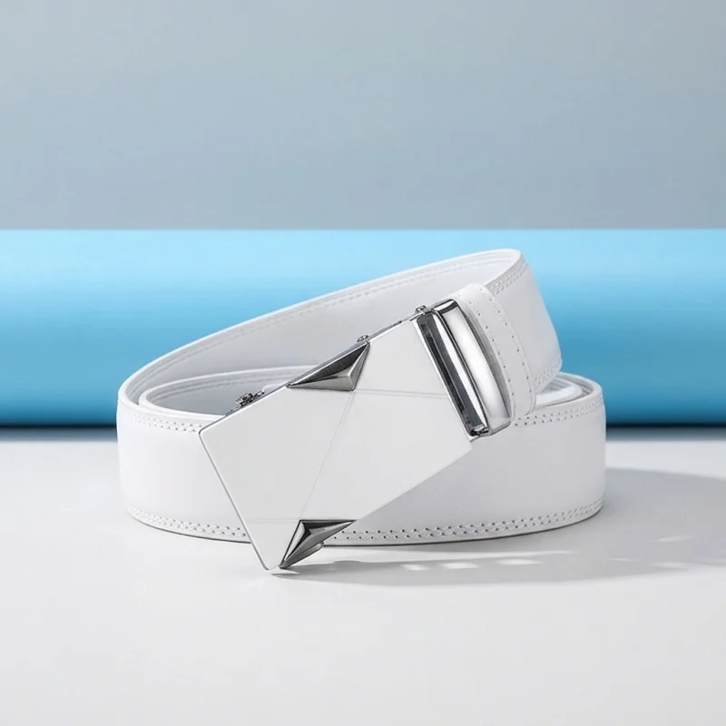 Men's White Ratchet Belt with Rotating Buckle, Automatic Alloy Buckle Waist Strap for Jeans, Business Casual, Ideal Gift for Men