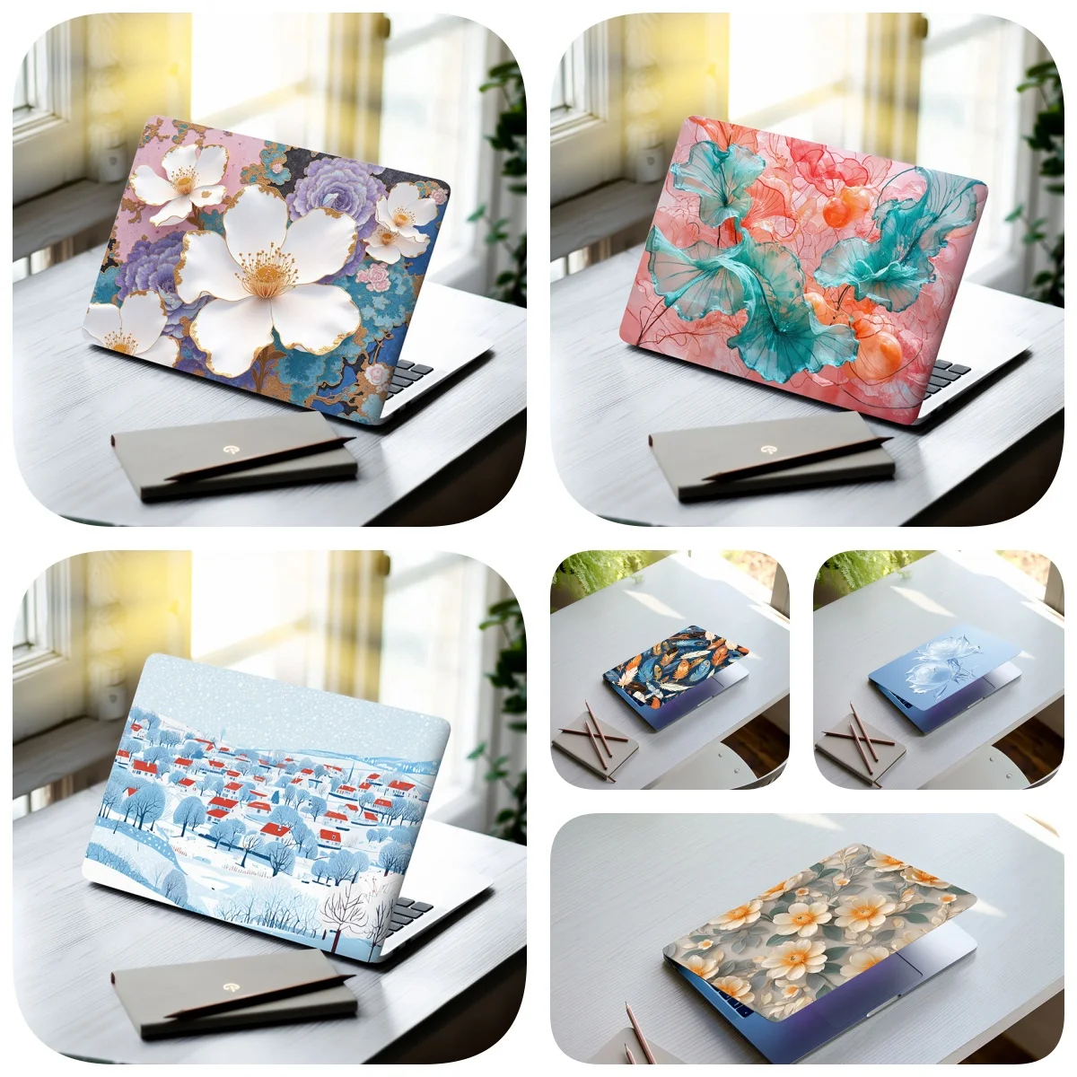 2 Pcs Snow Scene Lotus Flower Laptop Ornamental Self-adhesive Stickers 15.07*10.82 Inches for MacBook Tablet PC Waterproof Decor