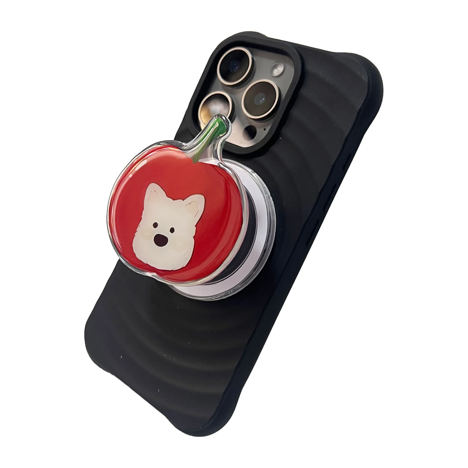 Bonito animal de estimação vermelho apple e ahite cão suporte do telefone griptok suporte para iphone 17 16pm samsung caso soquete suporte presente da menina
