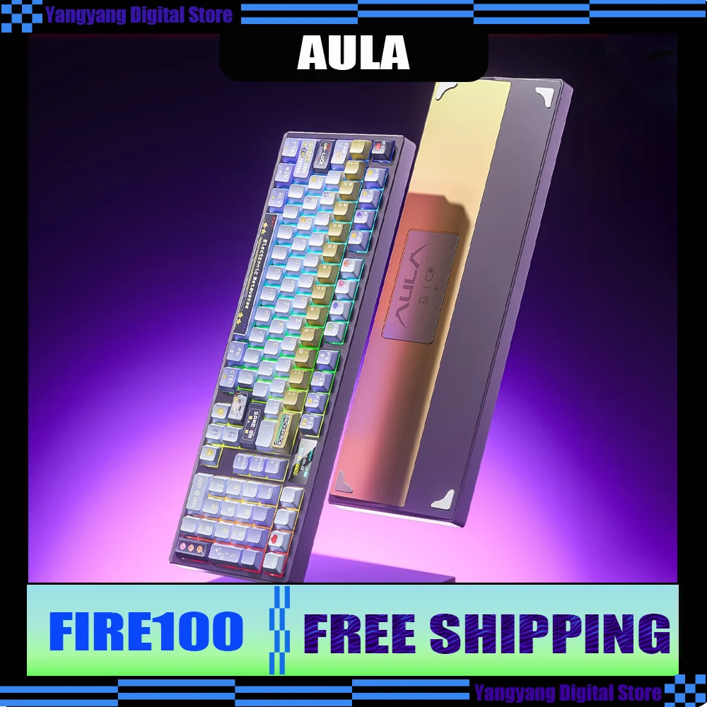 AULA FIRE-100 لوحة مفاتيح ألعاب من سبائك الألومنيوم ثلاثة أوضاع لوحة مفاتيح ميكانيكية شاشة LED طوقا RGB ملحقات رياضية إلكترونية مخصصة