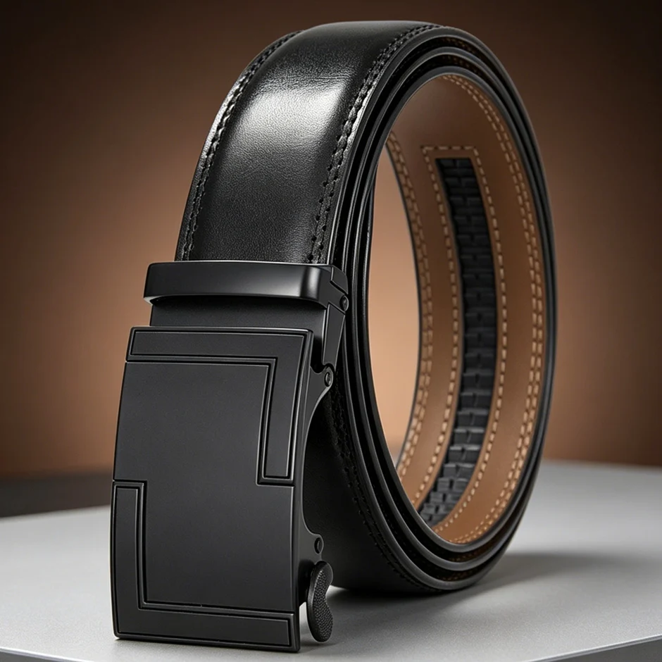 Plyesxale 3.5cm Width Black Mens Belt Genuine Leather Automatic Buckle Luxury Brand Men's Belt Business Casual Belts Male B1233