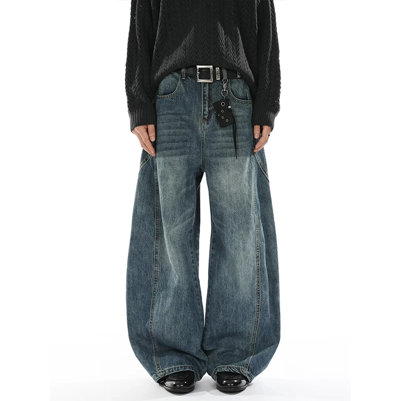 2026 Autumn Winter New Men's Jeans Oversized Wide Leg Pants Loose Vintage Patchwork Lightning Cracked Denim Trousers Streetwear