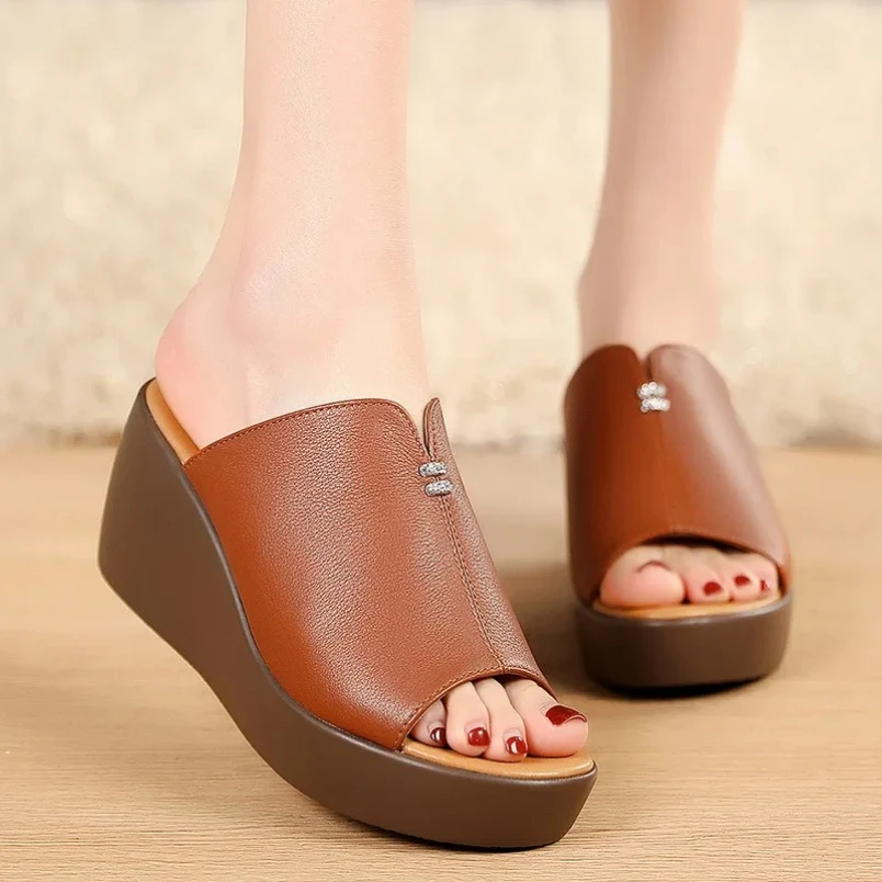 2025 مفتوح اصبع القدم أحذية من الجلد الحقيقي امرأة الصيف الصنادل خارج ارتداء النعال موضة سوبر عالية الكعب #5