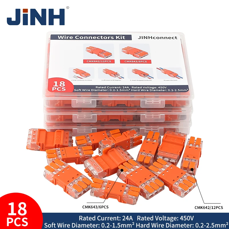 JINH CMK64 Series 18 Pcs Plug-in Lever Electrical Connector Kit 2/3 Port Compact Wire Connectors for Quick Wiring and Disconnect