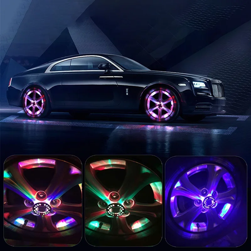 

4Pcs LED Car Wheel Lights RGB Car Ambient Light Remote Control Flash Wheel Hub Lamp Solar Charging Neon Car Accessories
