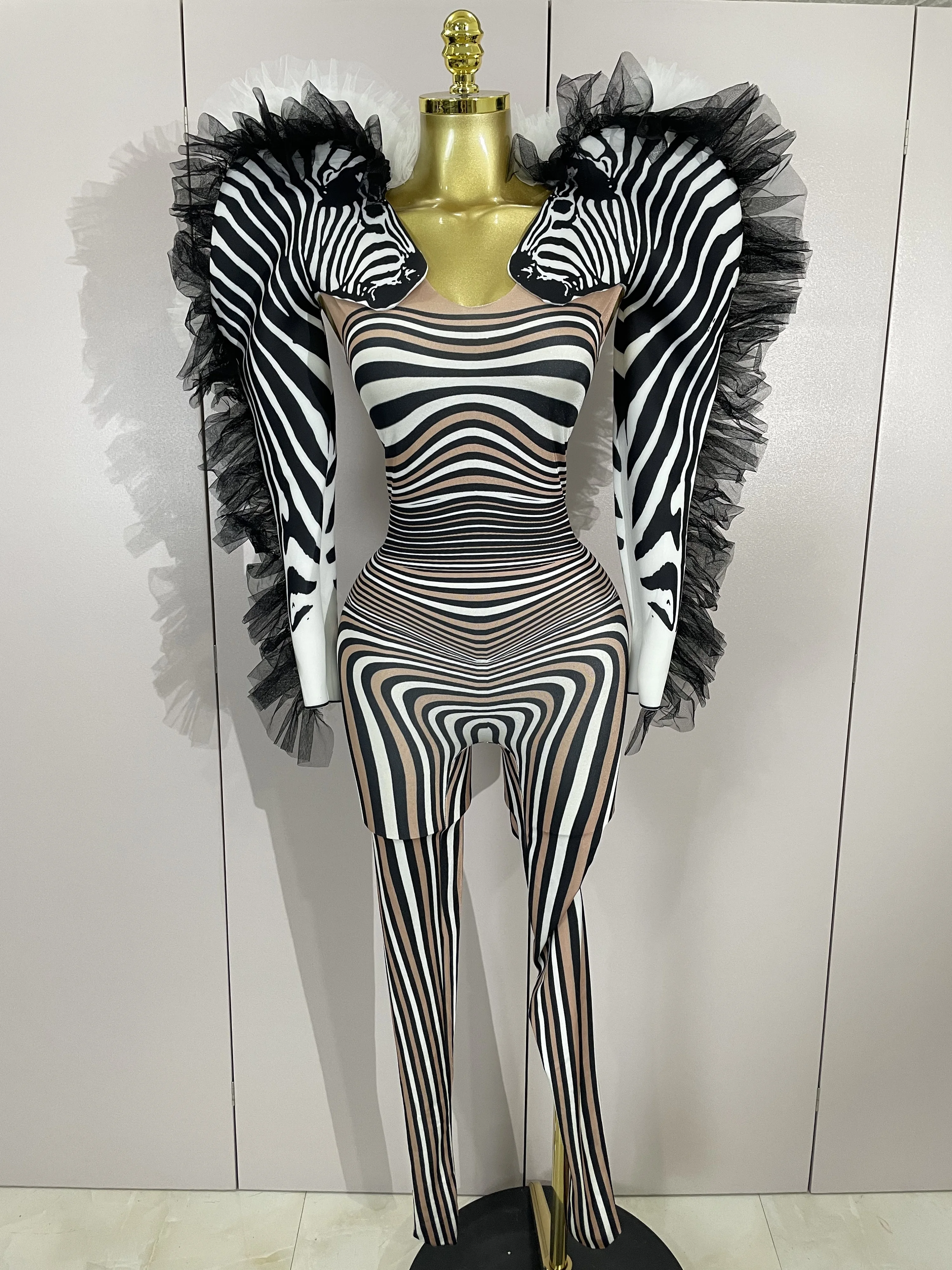 Women Zebra Stripes Long Sleeve Bodycon Jumpsuit Two Piece Set Birthday Party Nightclub Stage Performance Festival Rompers