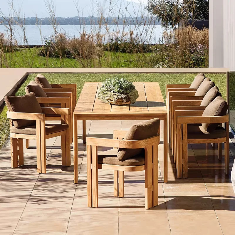 Outdoor tables and chairs courtyard villa yard Myanmar teak long table open-air outdoor garden terrace leisure solid wood combin