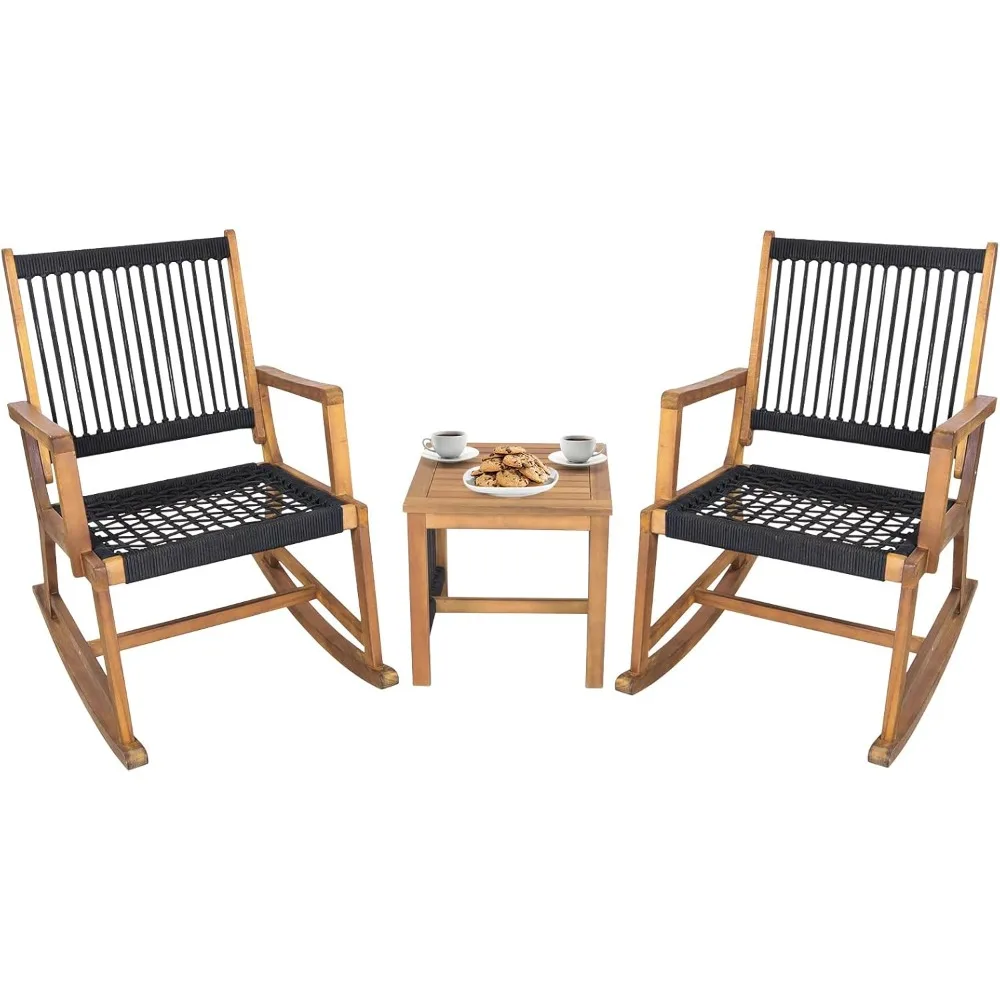 

Acacia Wood Rocking Bistro Set, 3 Piece Patio Bistro Set with Coffee Table, All-Weather Wooden Conversation Set Rocker Bistro O