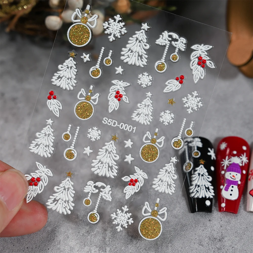 1Pcs 5D Glitter Gold Silver Christmas Nail Stickers Cute Snowflake Santa Claus Adhesive Xmas Sliders 2025 Winter New Year Decal