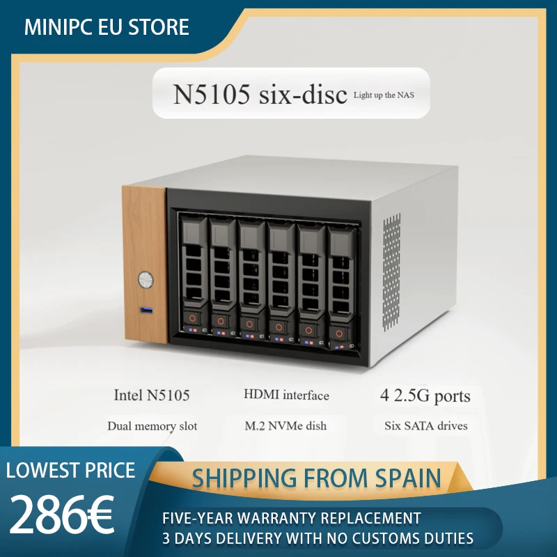 n5105 six-bay 6-bay nas barebone unraid 2.5G Mini PC: Powerful 6GB RAM, 128GB EMMC,Compact & Ideal for Home, Business & Gaming