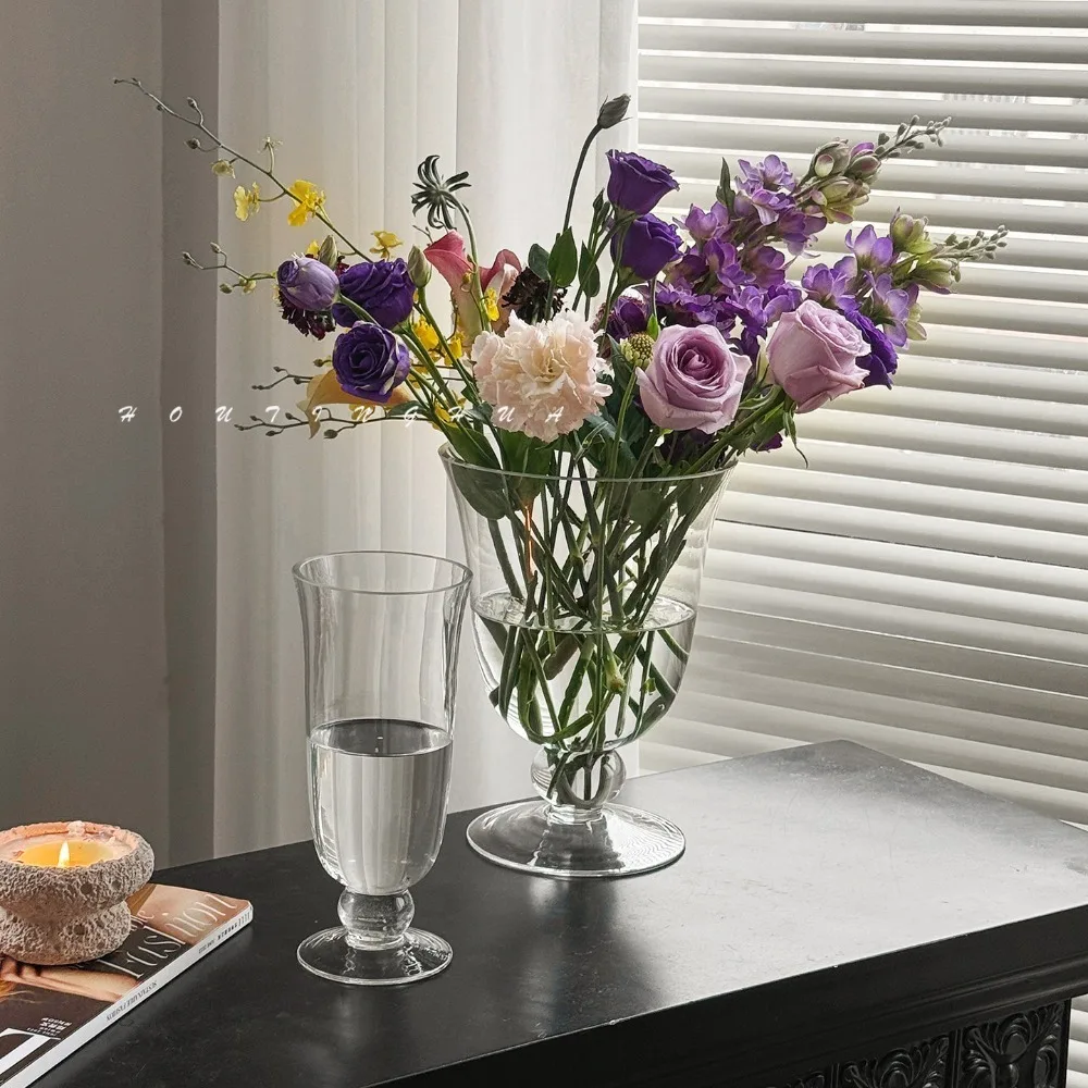 Transparent Glass Vase Simple Elegant Style Decorations High Legged Cups Water Grown Flower Vase Home Living Room Table Ornament