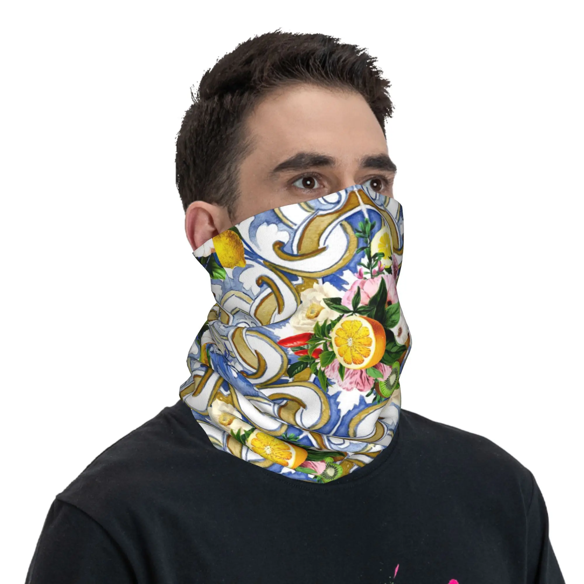 シチリアのタイル、地中海、モザイク、レモン、バンダナ ネックゲートル プリント マスク スカーフ サイクリング スカーフ サイクリング メンズ レディース 洗える