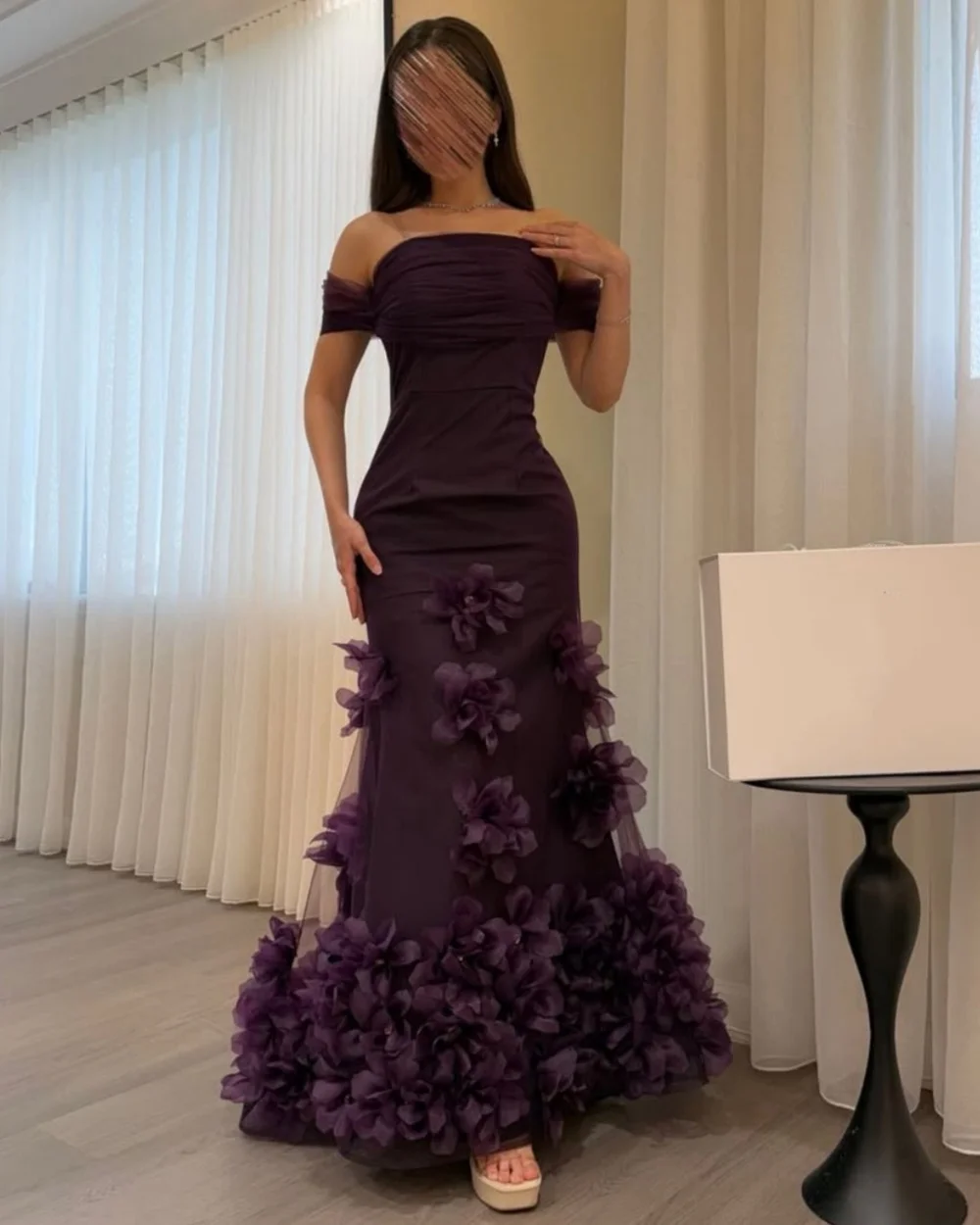 

Customized High Quality Women Tulle Handmade Flower Ruched Mermaid Evening Dresses Sexy Off-the-shoulder Sleeveless Prom Dresses