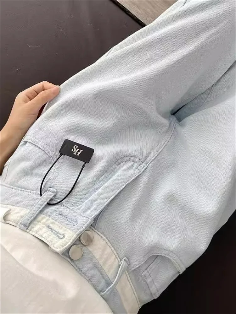 

Прямые брюки с высокой талией, свободный крой, светло-голубые джинсы, женские осенние широкие брюки больших размеров, дизайн для похудения