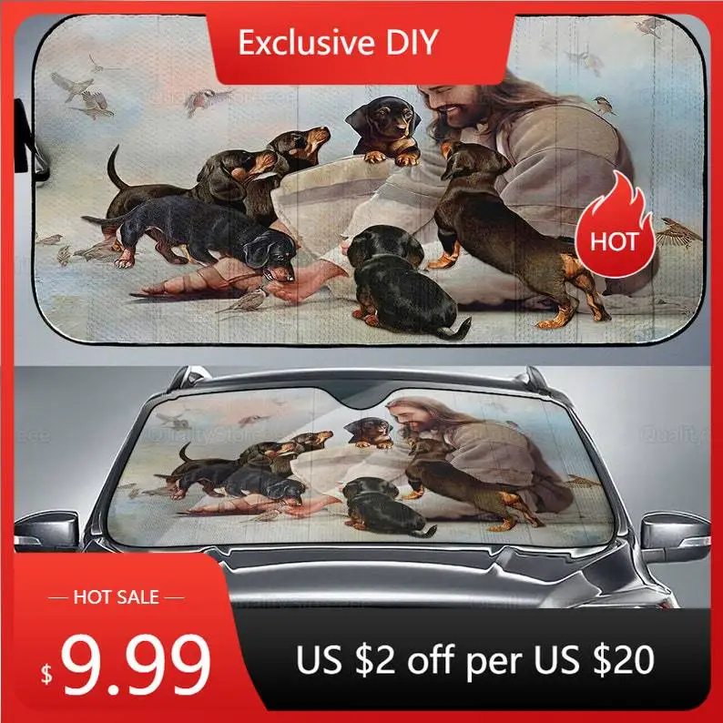 

Jesus And Dachshunds Car Sunshade, Dog Car Decoration, Funny DachShunds Car Decor, Gift For Christian, Dachshunds Lover LNG01220