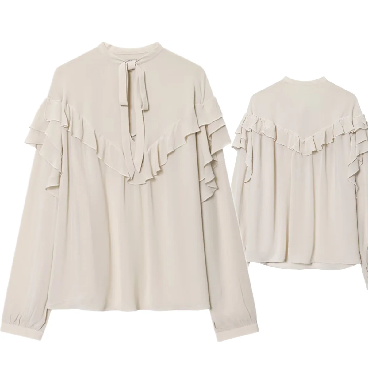 

Jenny&Dave French Fashion Lady Champagne Pearl Chiffon Shirt With Elegant Ruffle Edge Layered Blouses Women's Clothes Shirts Top