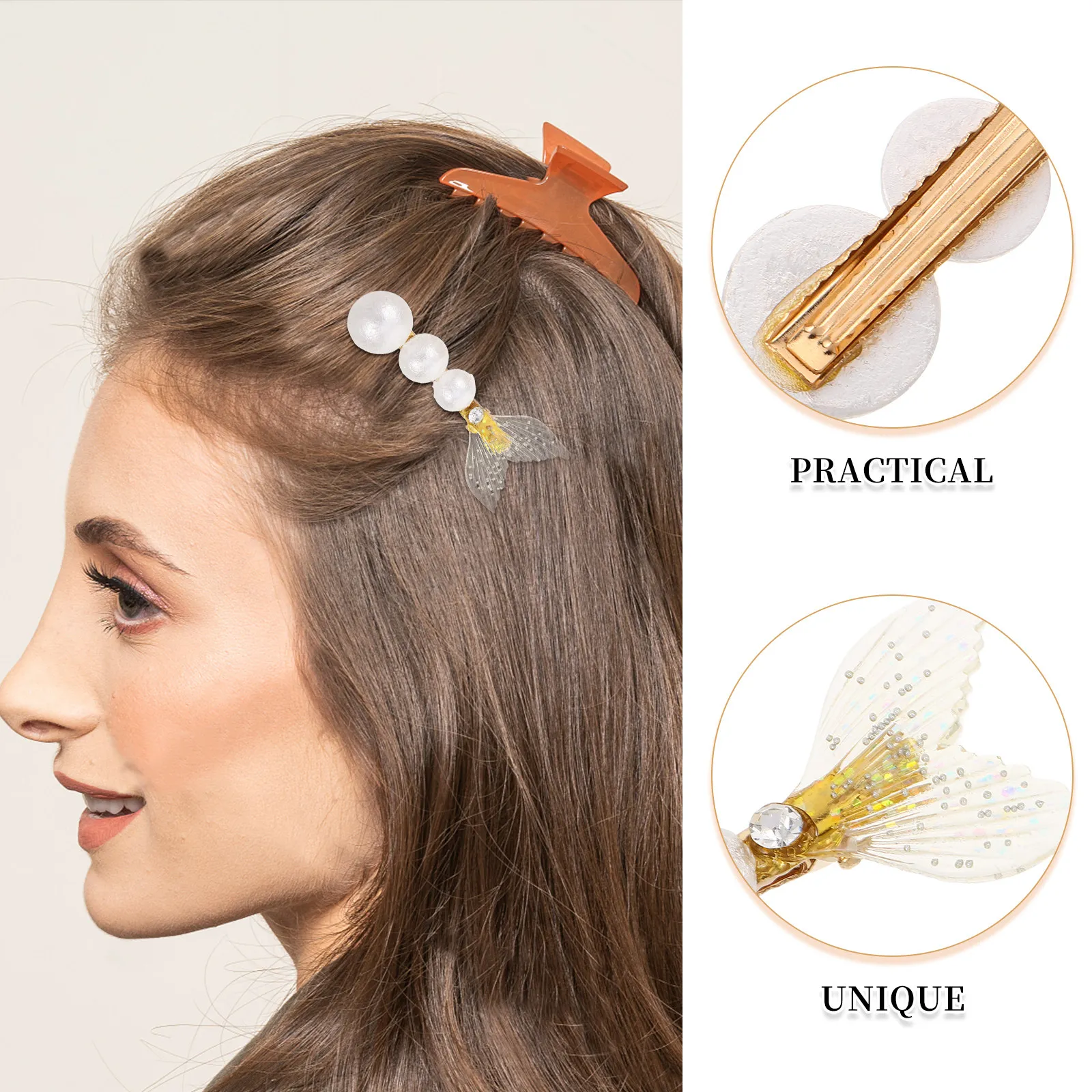 6Pcs Pearl Hair Clips Mermaid Tail Fish Design Rhinestone Rhinestone Salon Claw Secure Hold Hair Styling Accessories