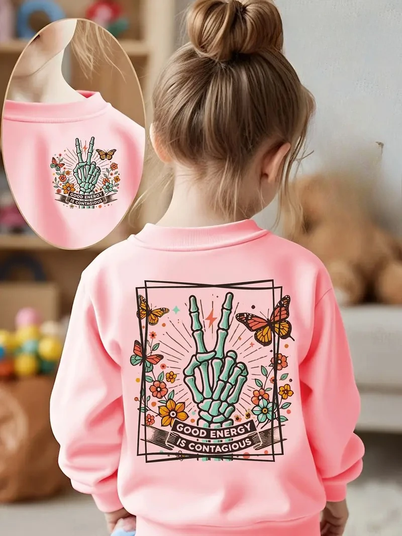 

Girls' Pink Bohemian Hippie Style Sweater - Light pink with peace signs, floral and gesture patterns