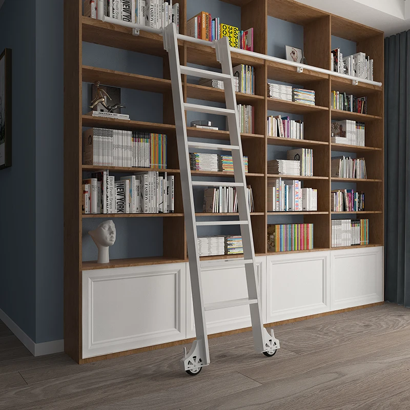 Aluminum alloy bookshelf ladder mobile  study bookcase household straight indoor attic wardrobe pulley track