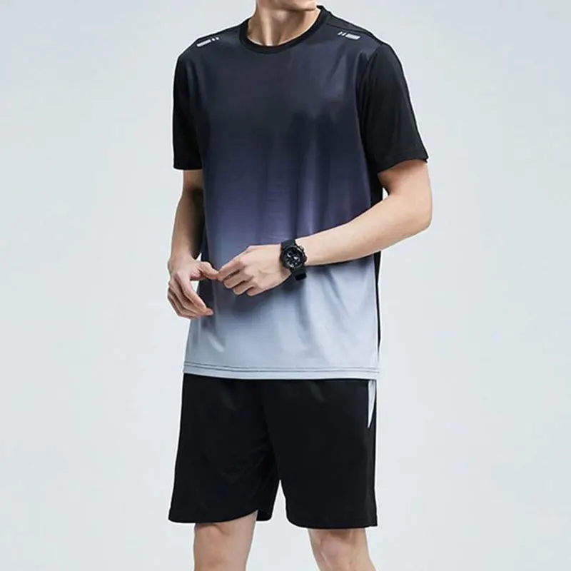 Men Active Quick Dry Crew Neck T Shirts and Shorts Set Athletic Workout Short Sleeve Clothes Basketball Running Gym Sports Suit