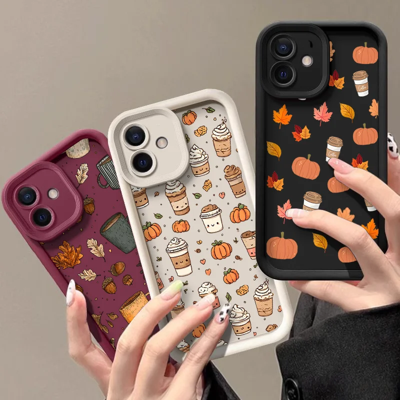 Capa de Telefone com Padrão de Folha de Outono, Abóbora e Café para Xiaomi Redmi Note 15 14 13 11 Pro Plus 15T 11T 15C 14C 13C Capa Macia
