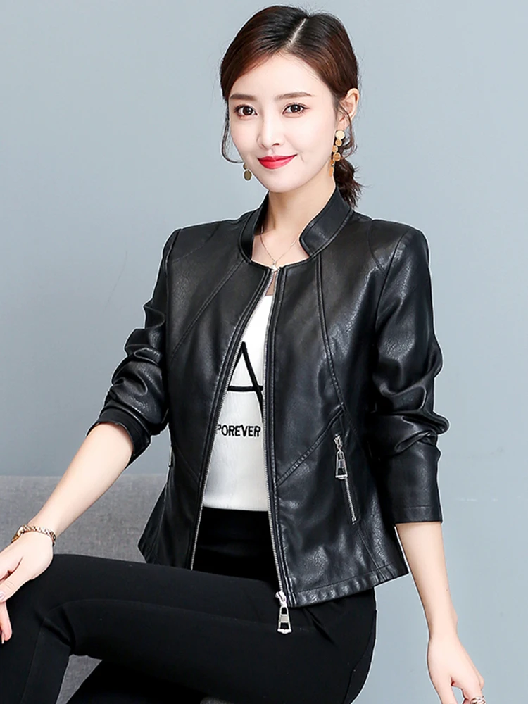 세련된 슬림핏 양가죽 가죽 자켓 여성용 한국 버전 봄 가을 신상 지퍼 디자인 콤모던 스타일