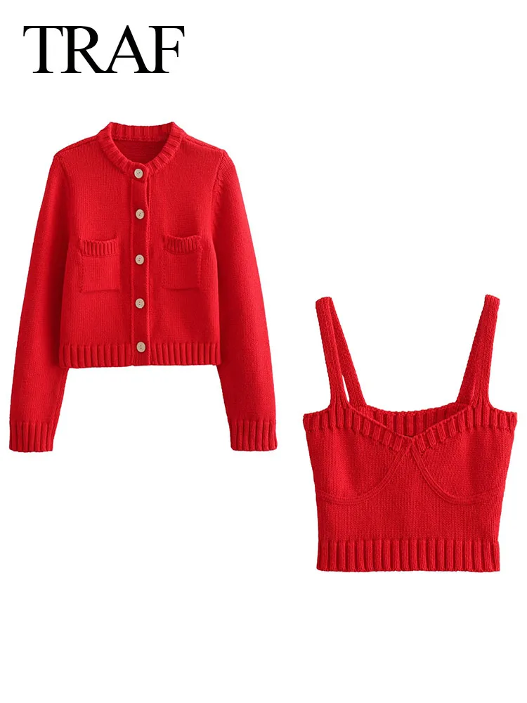 TRAF 2024 Women Red Cardigan Sweater Fashion Texture With Buttons Pocket Loose Coat +Sleeveless Backless Sling Slim Crop Tops