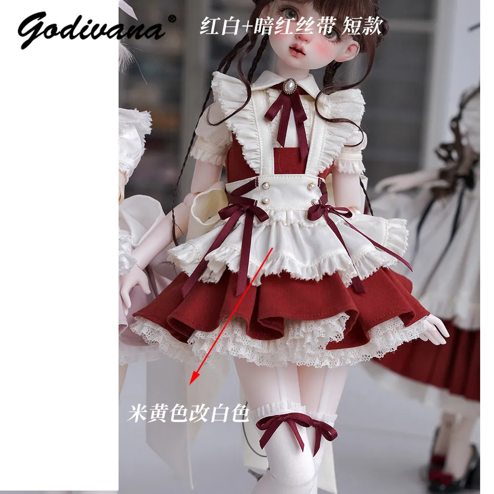 1/4 BJD Doll Maid Dress Long Style White Red Ribbon with Ruffle Trim Apron Vintage Lolita Outfit Doll Costume Doll Not Included