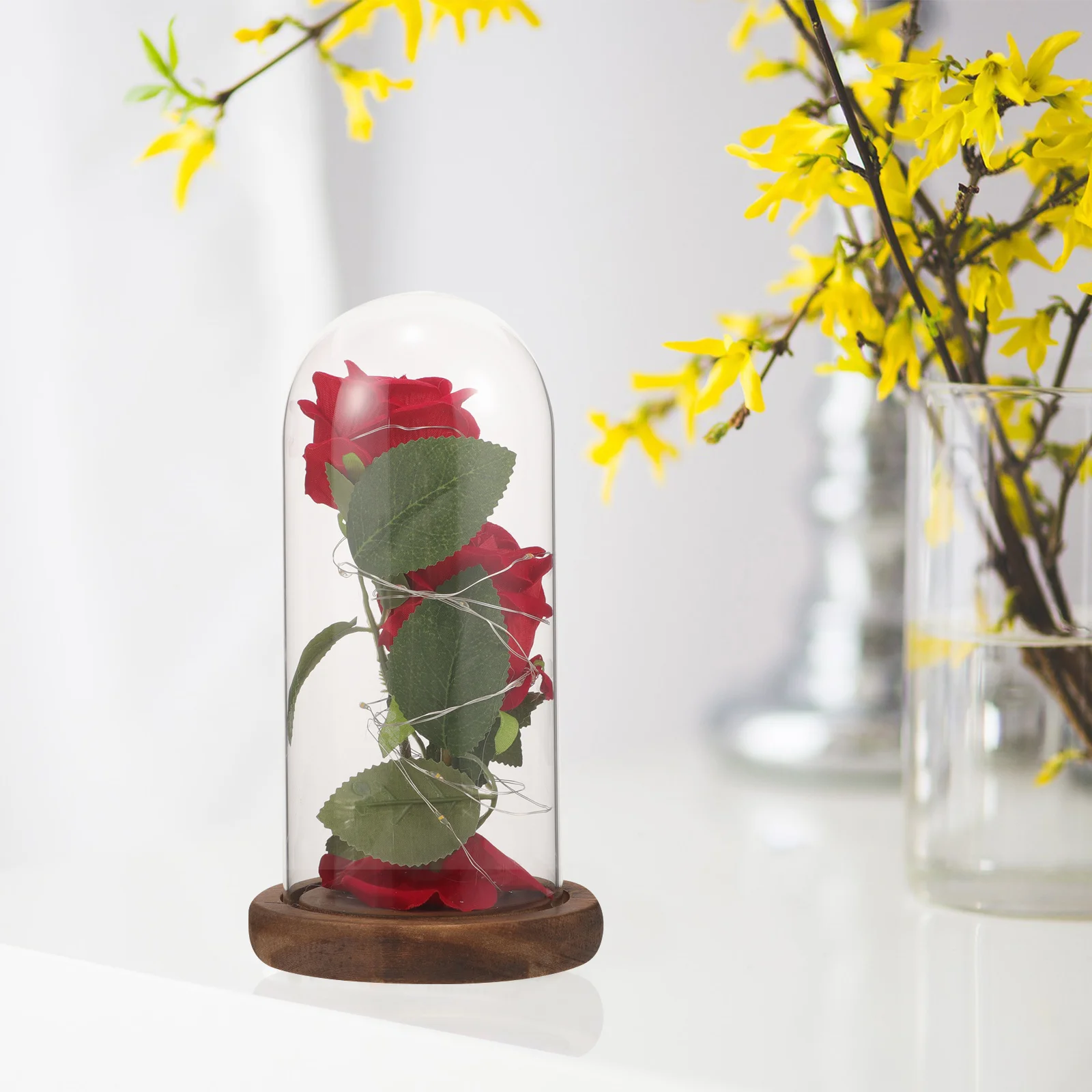 

Red Silk Rose LED Light in Glass Dome with Wooden Base for Wedding Birthday Party Club Decoration Romantic Warm Lighting