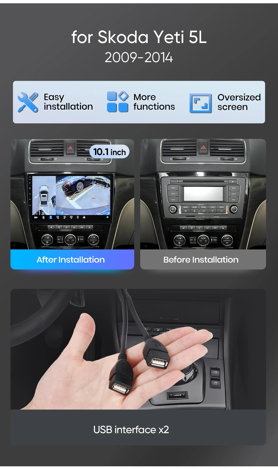 Junsun Autoradio für SKODA Yeti 5L 2009 2010 2011 2012-2014 CarPlay Android Auto FM RDS DSP BT GPS Navi SWC HD IPS Touchscreen Plug & Play Multimedia-Player Freisprecheinrichtung Original-Autostil-Haupteinheit – Detail 2