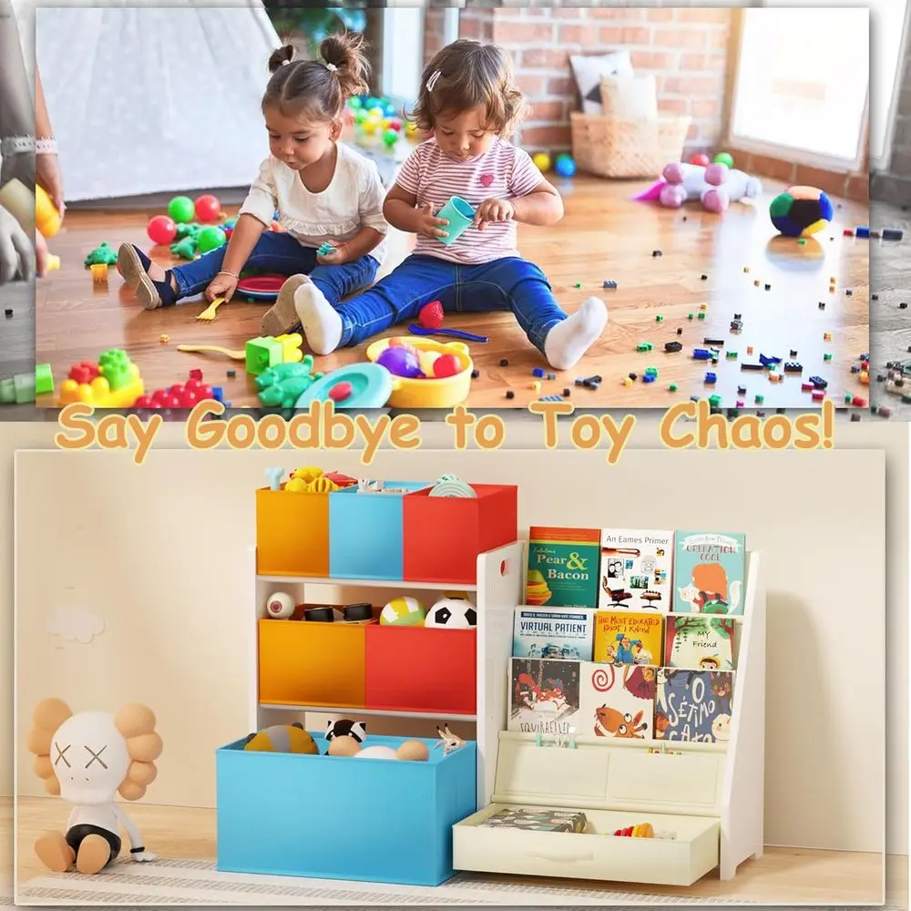 Sturdy 3-Tier Wooden Toy & Book Storage with 6 Expandable Bins for Kids