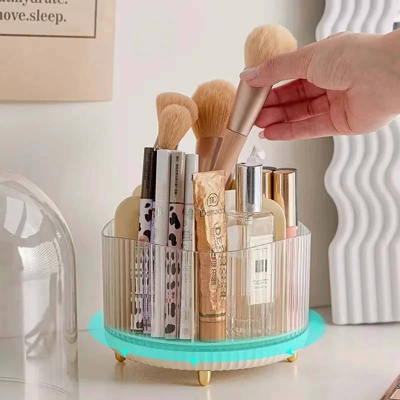 Rotating Makeup Organizer Large Capacity Cosmetics Makeup Brush Holder With Lid Multi-Functional Pen Holder Lipstick Storage Box