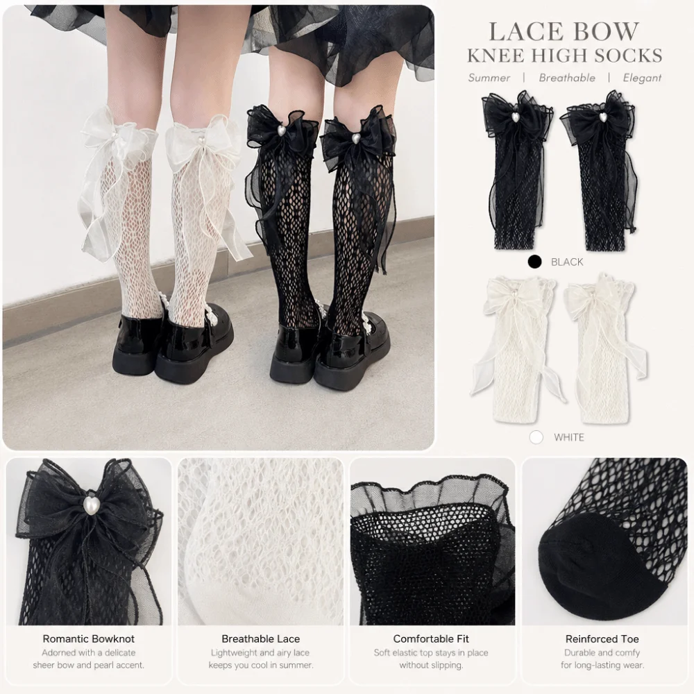 Sweet Lace Trim Knee High Socks Bowknot Ruffle Lace Children's Socks Mesh Thin Princess Lolita Stockings School Uniform