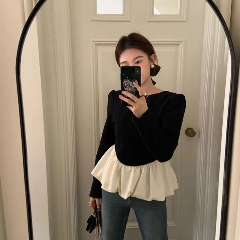 O-neck T-shirts Women Backless Ruffles Panelled Long Sleeves Sweet Girls Lovely Trendy Leisure Autumn New Korean-style Gentle