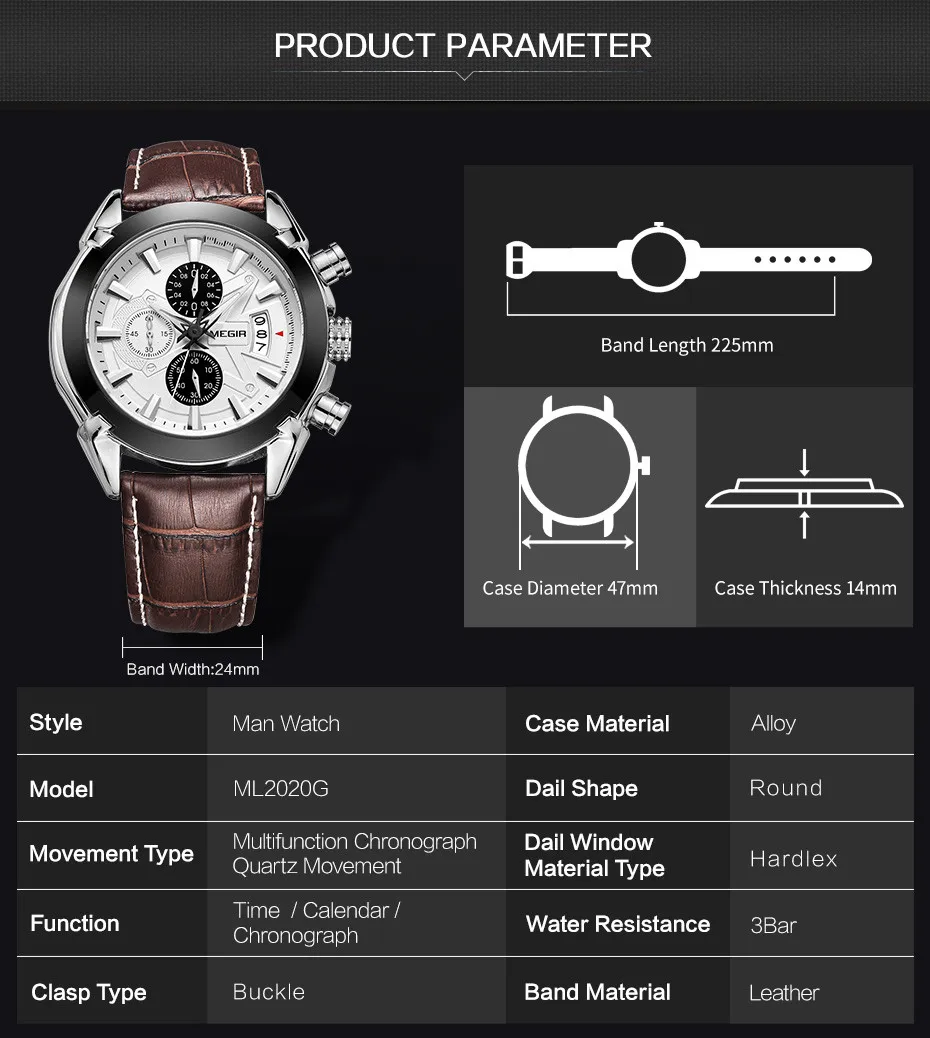 MEGIR 2020 ساعات كوارتز عصرية كاجوال متعددة الوظائف كرونوغراف تقويم مقاوم للماء حزام جلد طبيعي بني للرجال