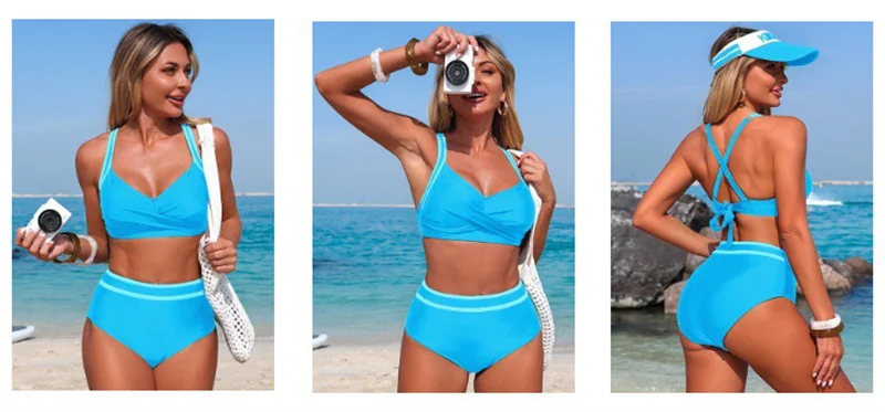 Damen-Bikini-Set mit hoher Taille, Twist-Front und überkreuztem Rücken, zweiteiliger Badeanzug, Retro-Badeanzug mit Bauchkontrolle, Sommer-Strand-Bademode – Detail 7