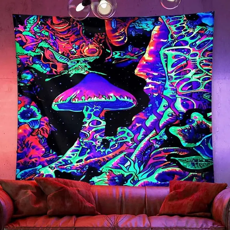 VIKAMA Fluorescent Radiant Toadstool Grove Night Sky UV Glow Tapestry Surreal Wall Mural Living Room Decor Soft Durable Cozy