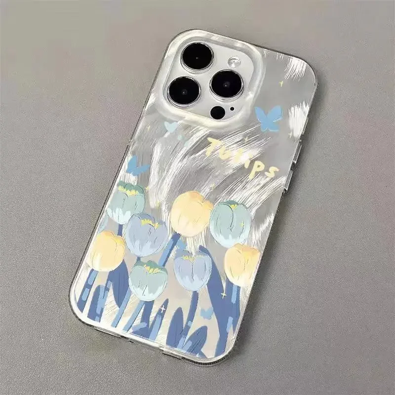 Etui na telefon Ins Blue and yellow tulips do iPhone 16Pro Max 15 14 13 12 11 XR XS Max 78 Y2K Feather gauzeMiękkie etui na telefon chroniące przed