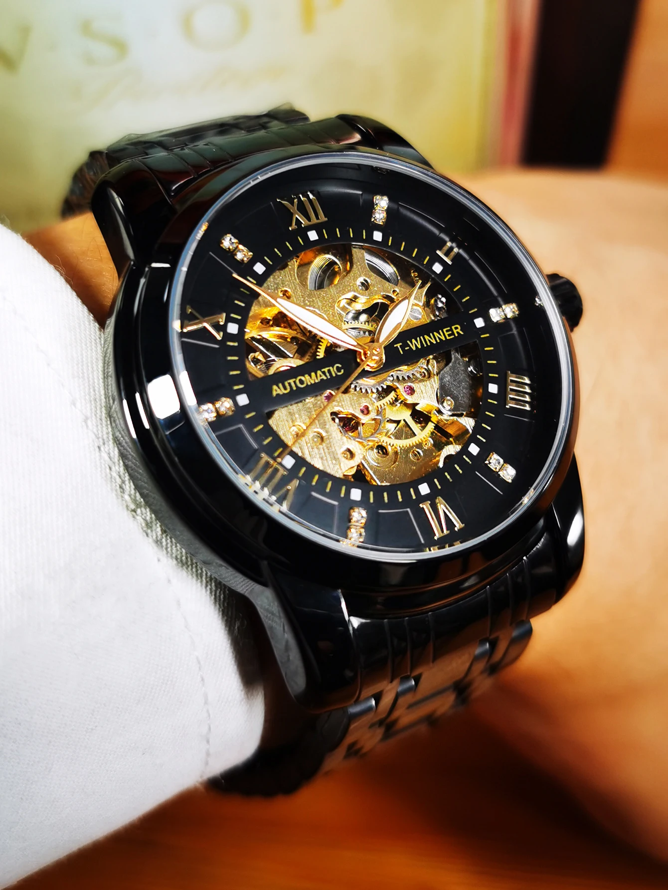 WINNER Classic Mechanical Watches Luxury Diamond Dial Black Gold Skeleton Automatic Mens Watch Stainless Steel Strap Wristwatch