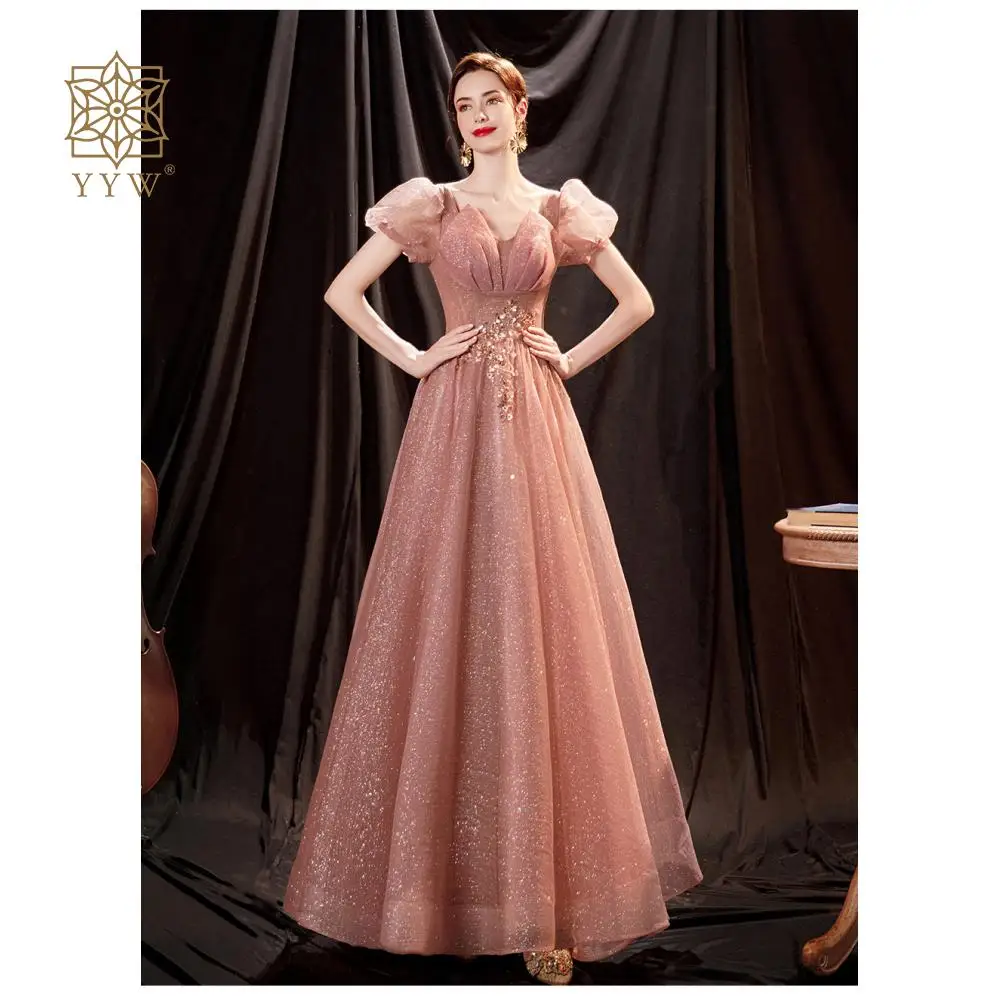 Formal Prom Gown Chic Rose Pink Luxury Evening Dress For Women Wedding Party Long Arabic Flower Embroidery Puff Sleeve Ball Gown