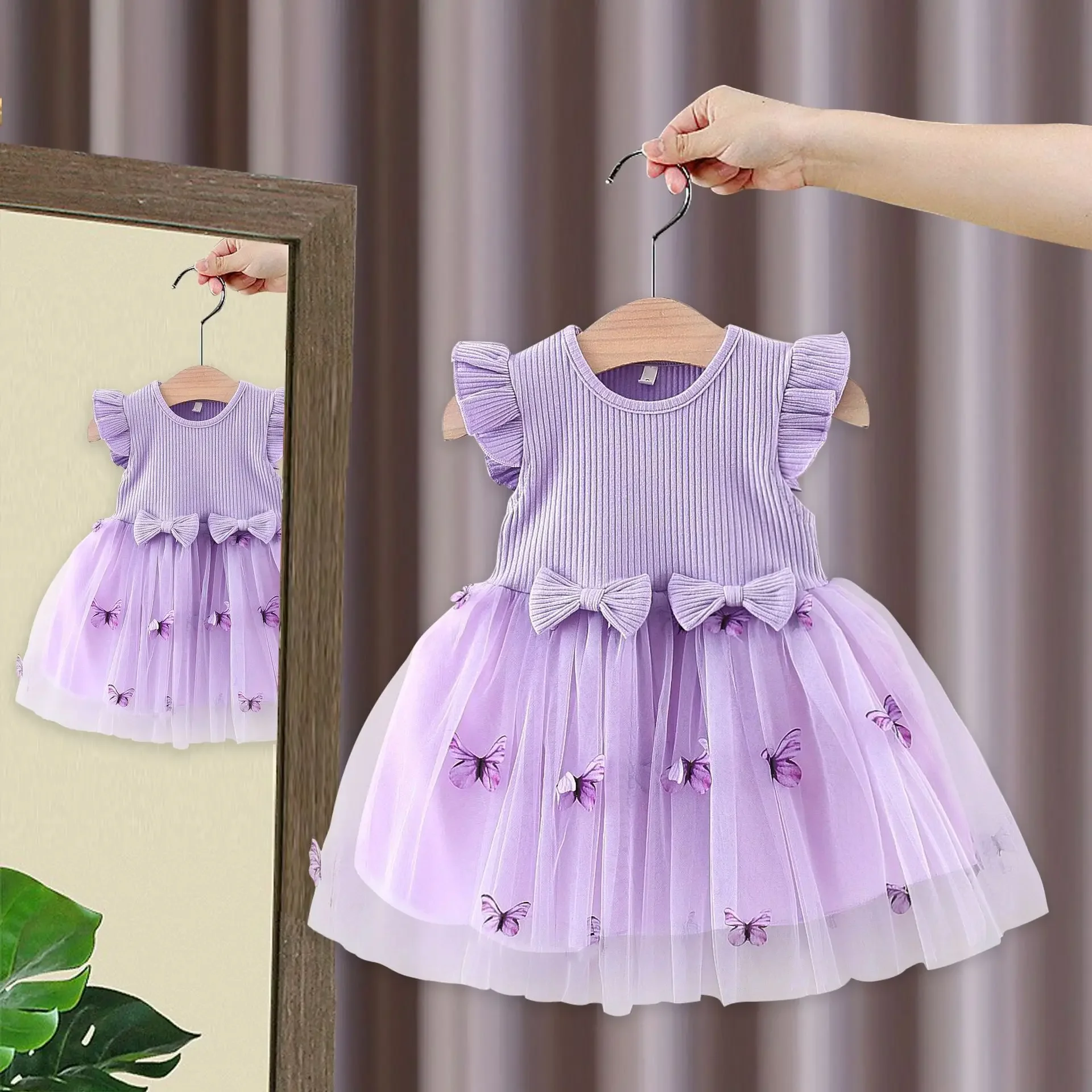 Toddler Girls Dress Flower Embroidery Bowknot Round Neck Fly Sleeve Casual Dress Kids Summer Princess Dress Clothing