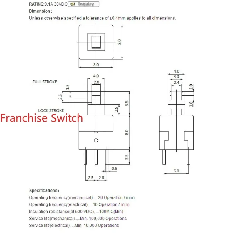 50PCS P1-2S-1R 7*7*8 Double Row 6Feet, Self-elastic Without Lock, Press Switch, With Button Cap