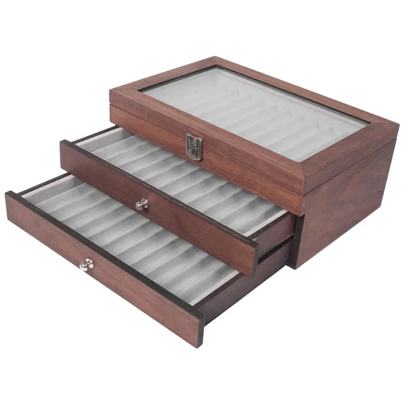 

AT33 Walnut Pen Storage Case Luxury 2 Layer Pen Display Organizer Transparent Window Fountain Box Pen-Collection