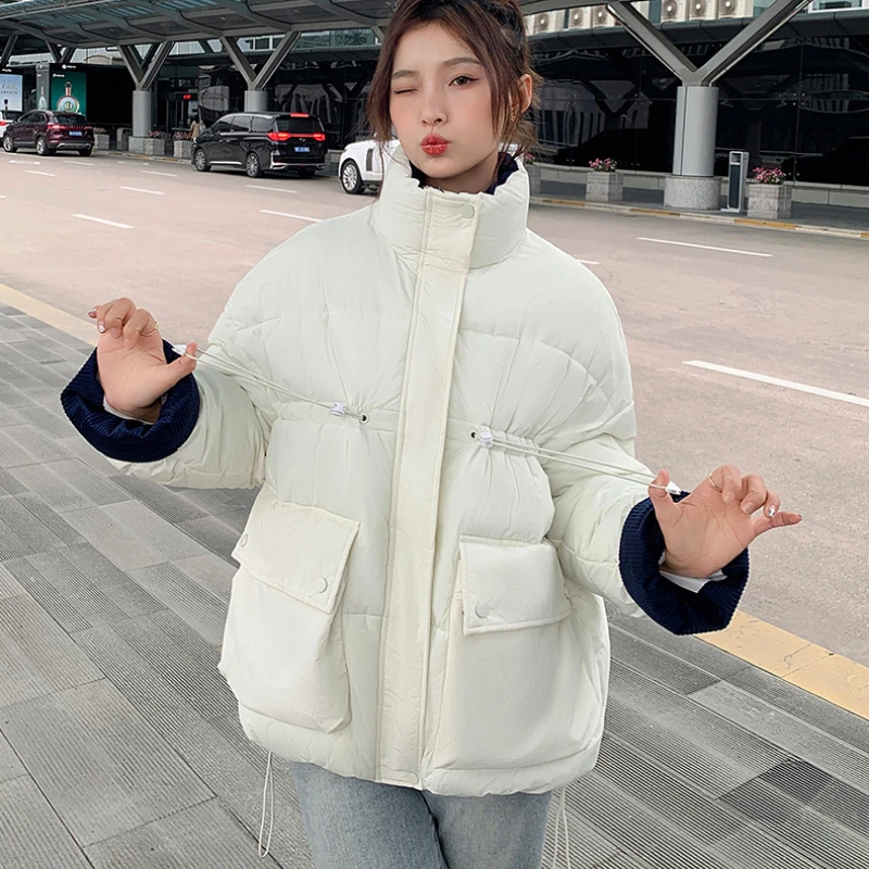 

Winter Thick Warm Puffer Jacket Women Down Cotton Coat Long Sleeve Korean Jacket Stand Collar Short Tops Casual Loose Black