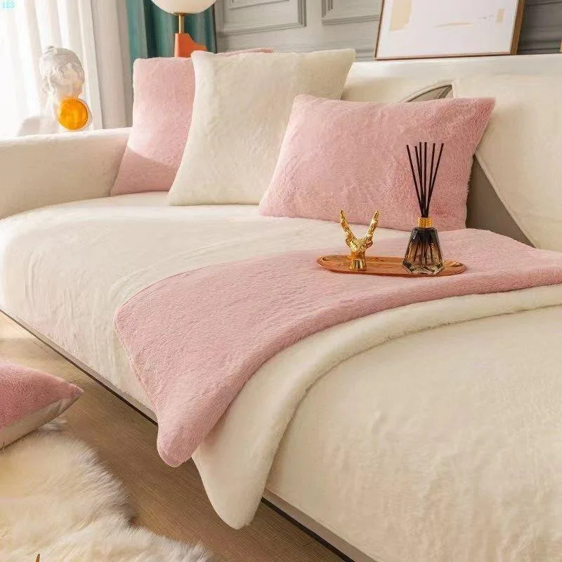 

2024 Super Soft Rabbit Plush Quilted Sofa Towel Winter Warm Thick Plush Couch Cover L-shaped Sectional Anti-slip Sofa Cover