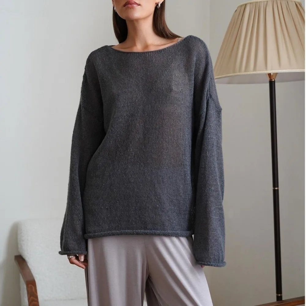 Chic Large Round Neck Hollow Knitted Sweater Breathable Lightweight Knit T-Shirt Flared Sleeve See Through Loose Pullover