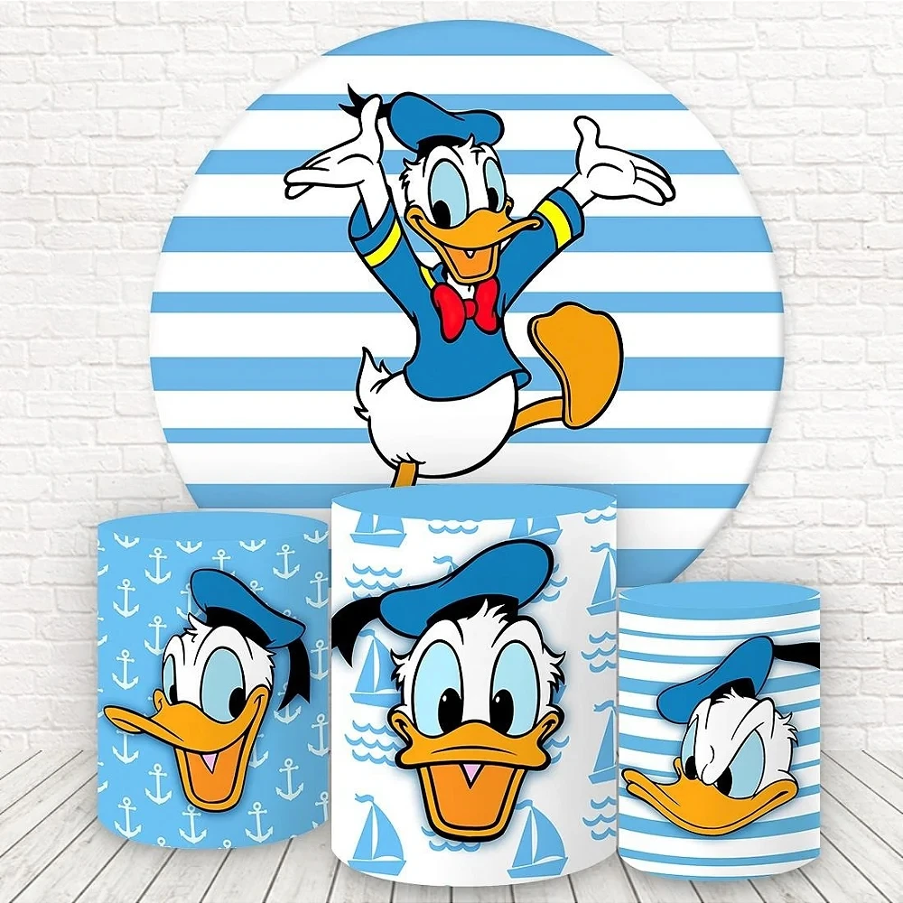 

Cartoon Donald Duck Boy Birthday Circle Round Backdrops Customize Blue Stripes Backdground Happy Birthday Party Decor Photocall